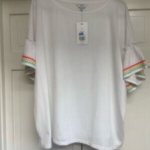 Crown & Ivy White Top with Colorful Sleeve RicRac Trim